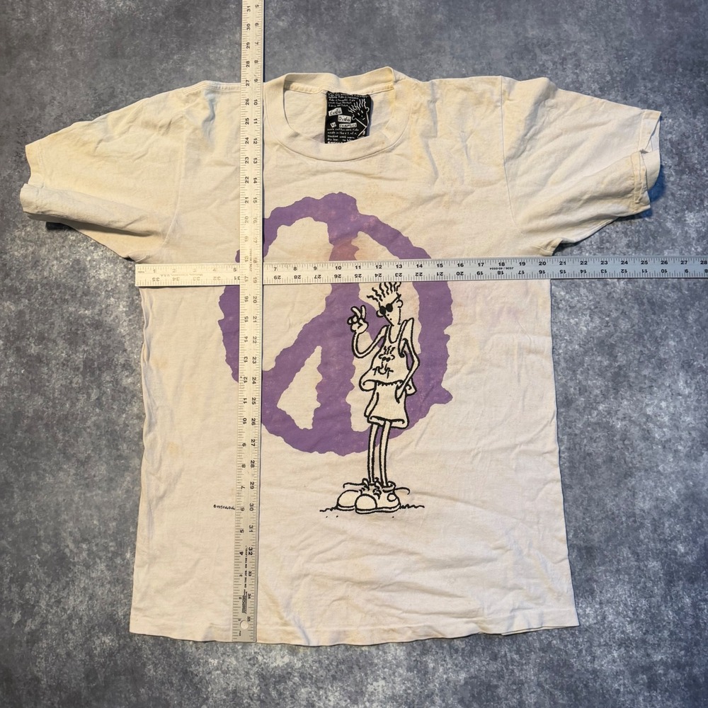 Vintage 1985 Fido Dido Peace of Mind T-Shirt Changes Tag Mens Large Cream Purple - Picture 4 of 9